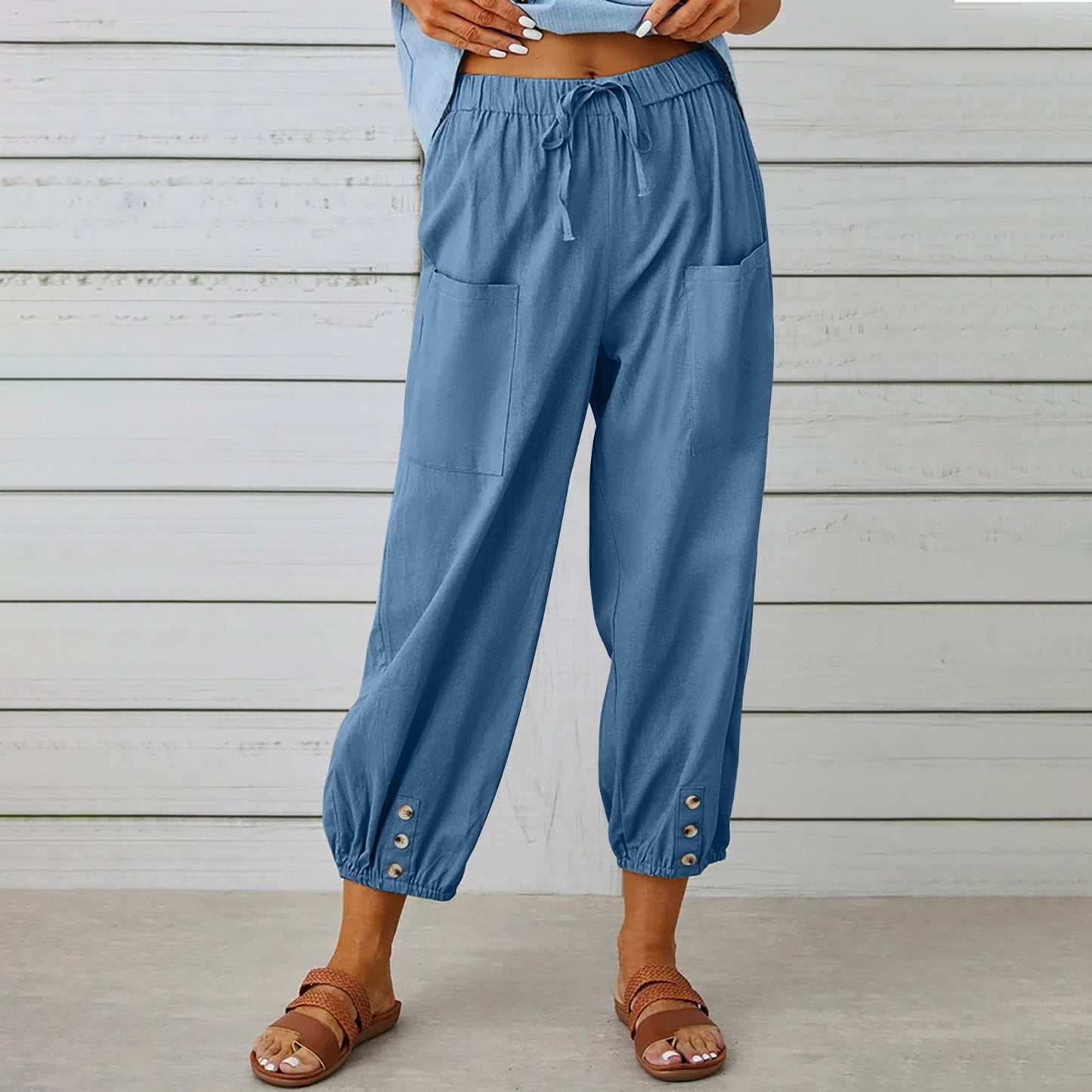 Women Drawstring Tie Pants Spring Summer Cotton And Linen Trousers With Pockets Button EHAD +