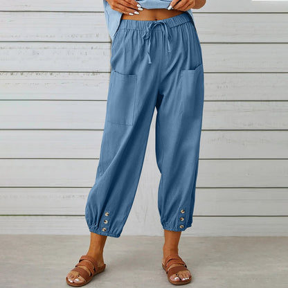 Women Drawstring Tie Pants Spring Summer Cotton And Linen Trousers With Pockets Button EHAD +