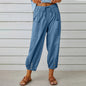 Women Drawstring Tie Pants Spring Summer Cotton And Linen Trousers With Pockets Button EHAD +