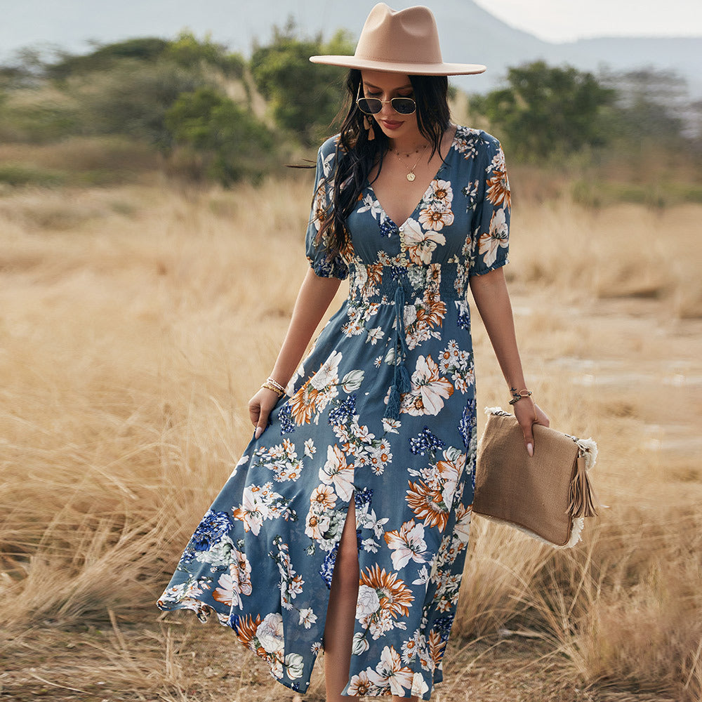 Floral Summer Beach Dress With V Neck Elastic Waist Dresses For Women EHAD +