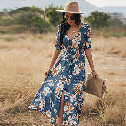 Floral Summer Beach Dress With V Neck Elastic Waist Dresses For Women EHAD +