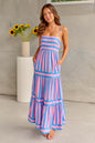 Summer Striped Printed Suspender Long Dress With Pockets Fashion Square Neck Backless Dresses For Beach Vacation Women Clothing EHAD +