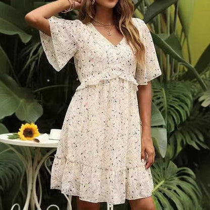 Fashion Slim Fit V-neck Printed Short Sleeve Dress EHAD +