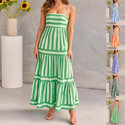 Summer Striped Printed Suspender Long Dress With Pockets Fashion Square Neck Backless Dresses For Beach Vacation Women Clothing EHAD +