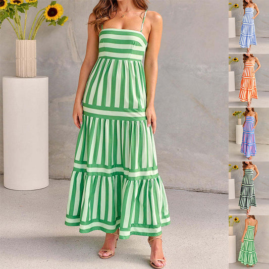 Summer Striped Printed Suspender Long Dress With Pockets Fashion Square Neck Backless Dresses For Beach Vacation Women Clothing EHAD +