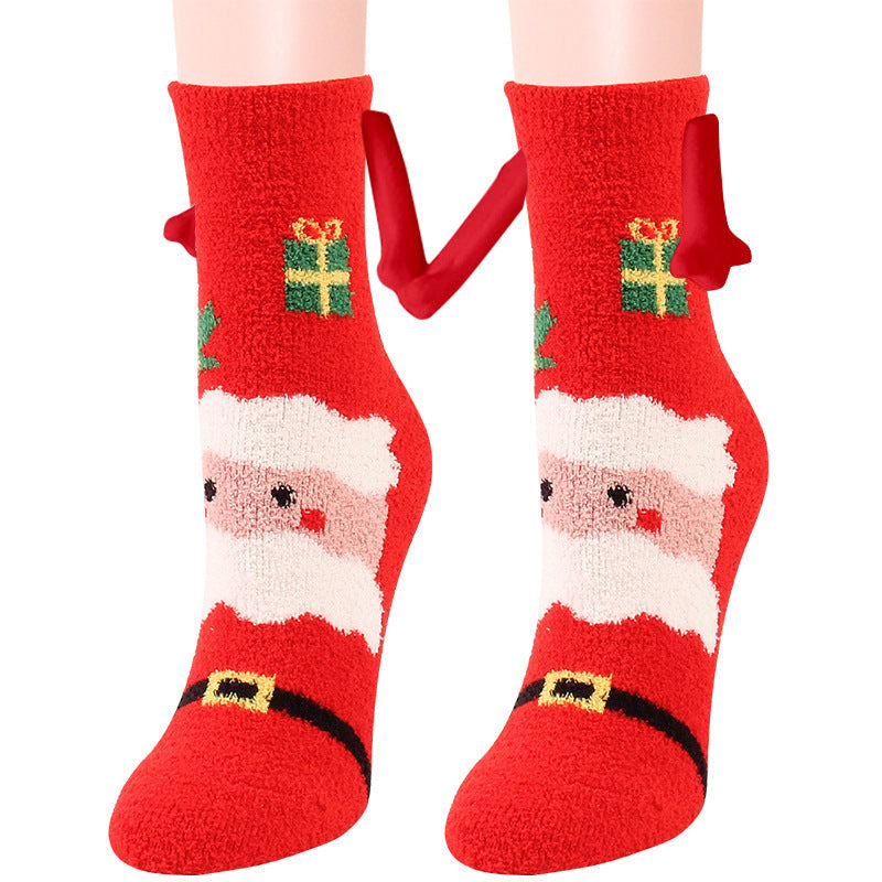 Christmas Supplies Magnetic Suction Hand In Hand Couple Socks Coral Fleece Tube Socks Warm Slipper Bed Socks Winter Soft Warm Slipper EHAD +