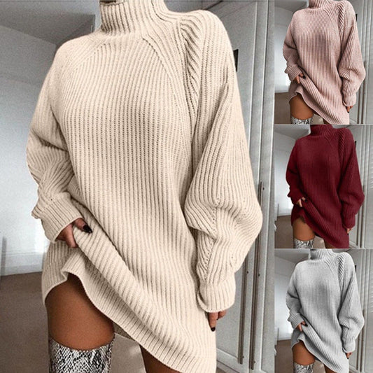 Solid Turtleneck Long Sweater Winter Warm Women Sweater Dress EHAD +