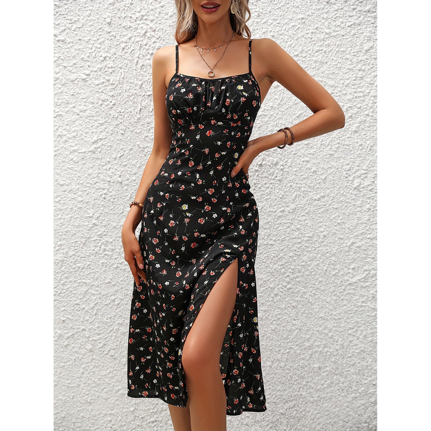 New Polka Dot Print Suspender Dress Summer Sexy Split Long Dresses For Womens Clothing EHAD +
