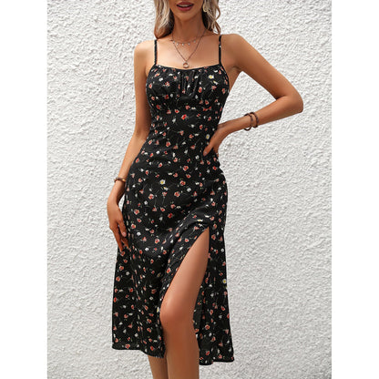 New Polka Dot Print Suspender Dress Summer Sexy Split Long Dresses For Womens Clothing EHAD +