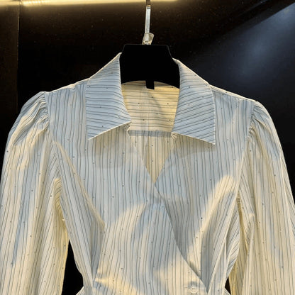 Temperament Waist-tie Long-sleeved Shirt Striped Cardigan Women EHAD +