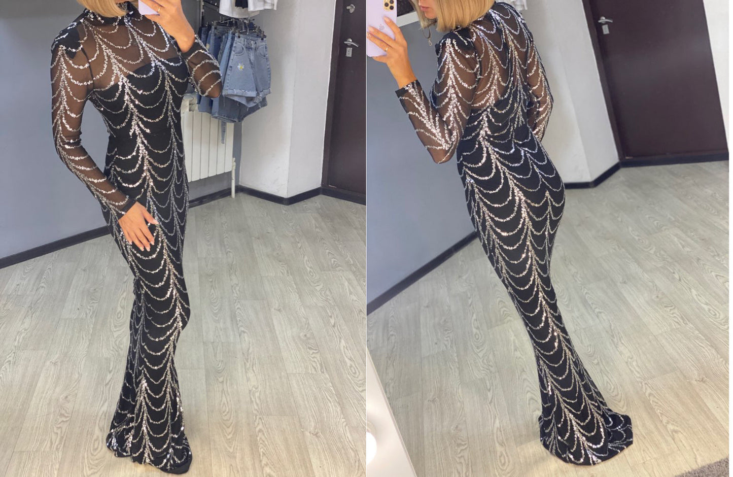 Sequins Women Maxi Dresses Long Sleeve Female Party Dresses EHAD +