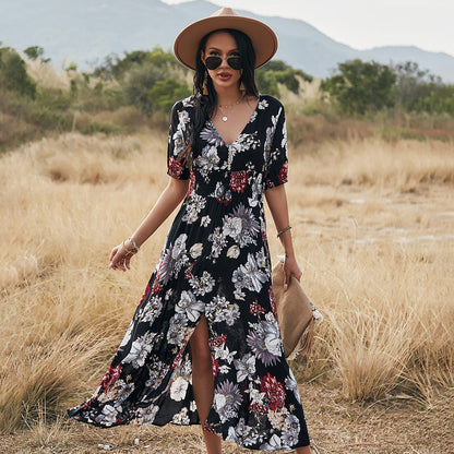 Floral Summer Beach Dress With V Neck Elastic Waist Dresses For Women EHAD +