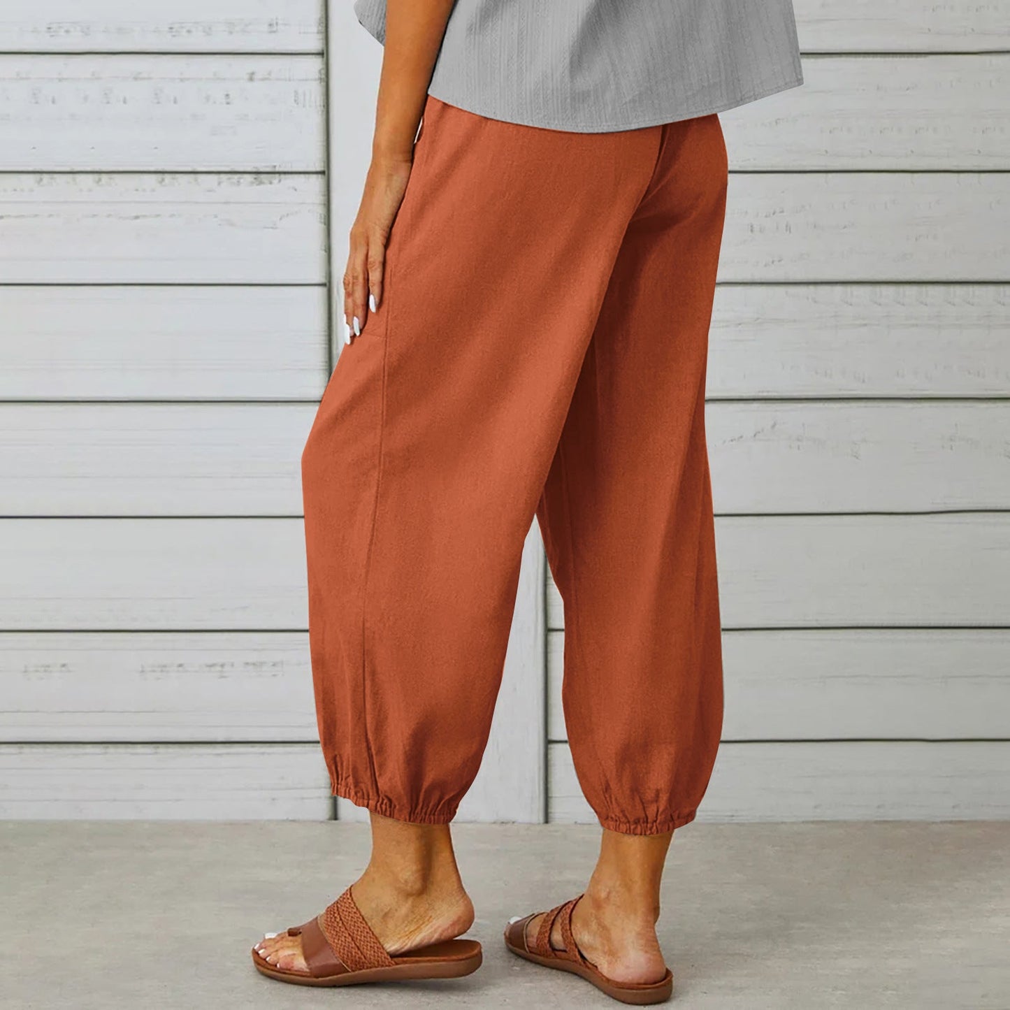 Women Drawstring Tie Pants Spring Summer Cotton And Linen Trousers With Pockets Button EHAD +
