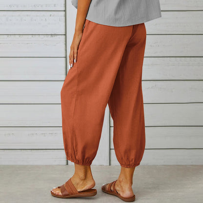 Women Drawstring Tie Pants Spring Summer Cotton And Linen Trousers With Pockets Button EHAD +