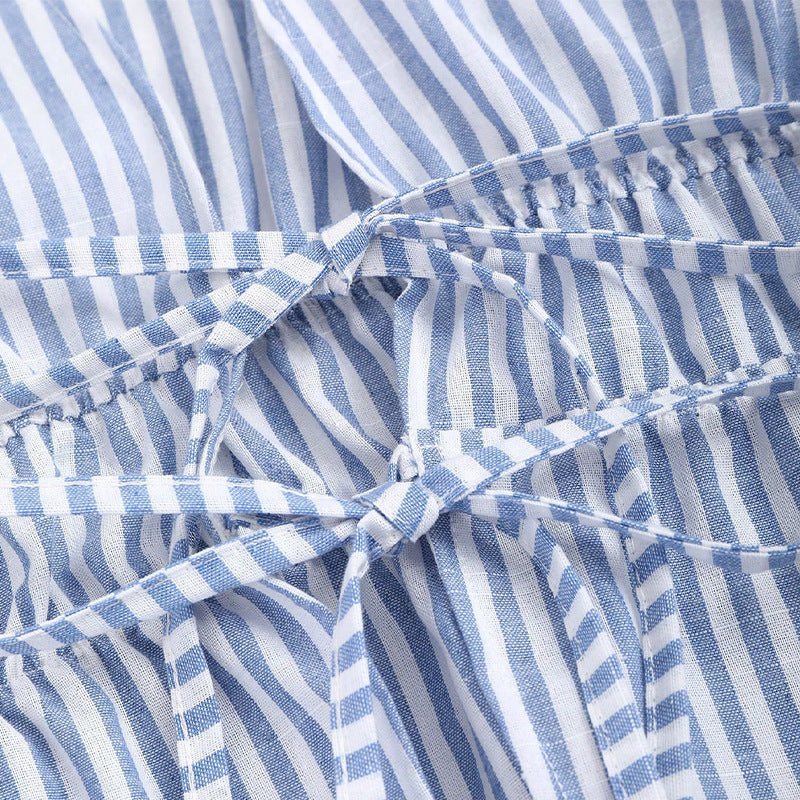 European And American Style Striped Long-sleeve Tie-waist Women's Shirt EHAD +