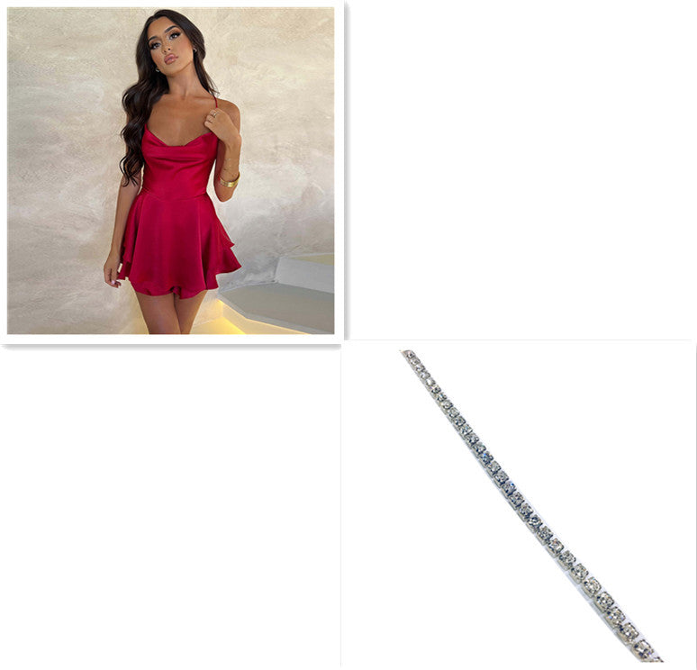 Sexy Suspender Skirt For Women Elegant Slim Strap Satin Backless Lace Up A-Line Short Dress Lady EHAD +