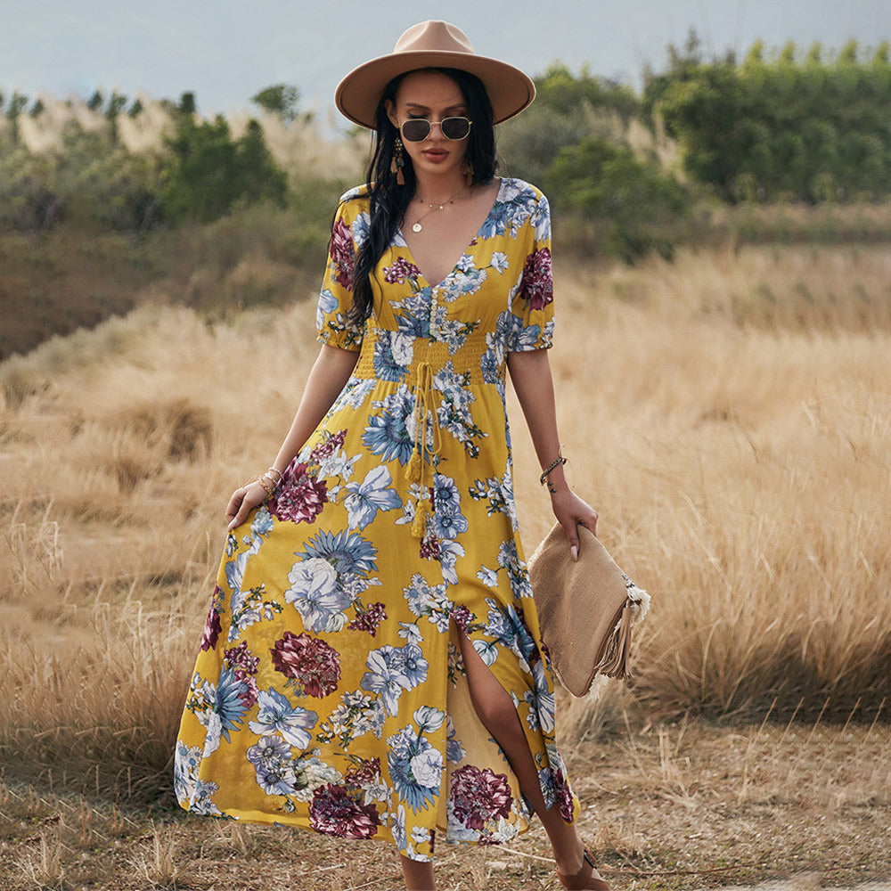 Floral Summer Beach Dress With V Neck Elastic Waist Dresses For Women EHAD +