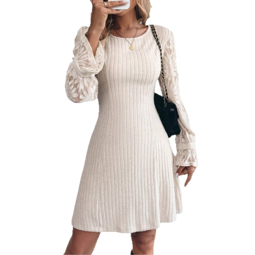 Fashion Long Sleeve Knitted Women's Lace Trim Dress EHAD +
