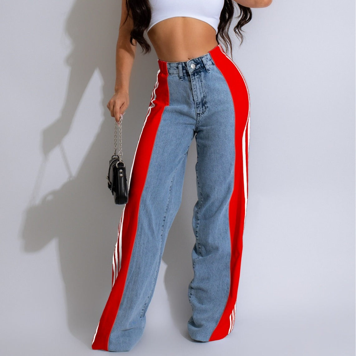 2024 Fashion Casual High Waist Elastic Straight Leg Trousers Three Stripe Patchwork Denim Wide Leg Pants Streetwear EHAD +