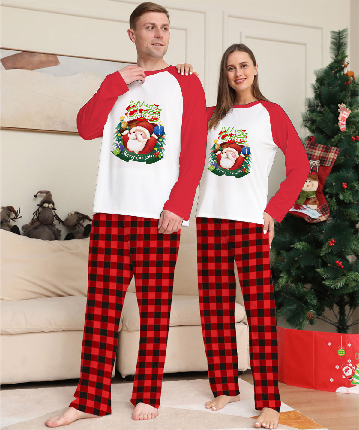 Christmas Parent-Child Clothes Set Long Sleeve T-Shirt Plaid Pants Family Matching Pajamas EHAD +