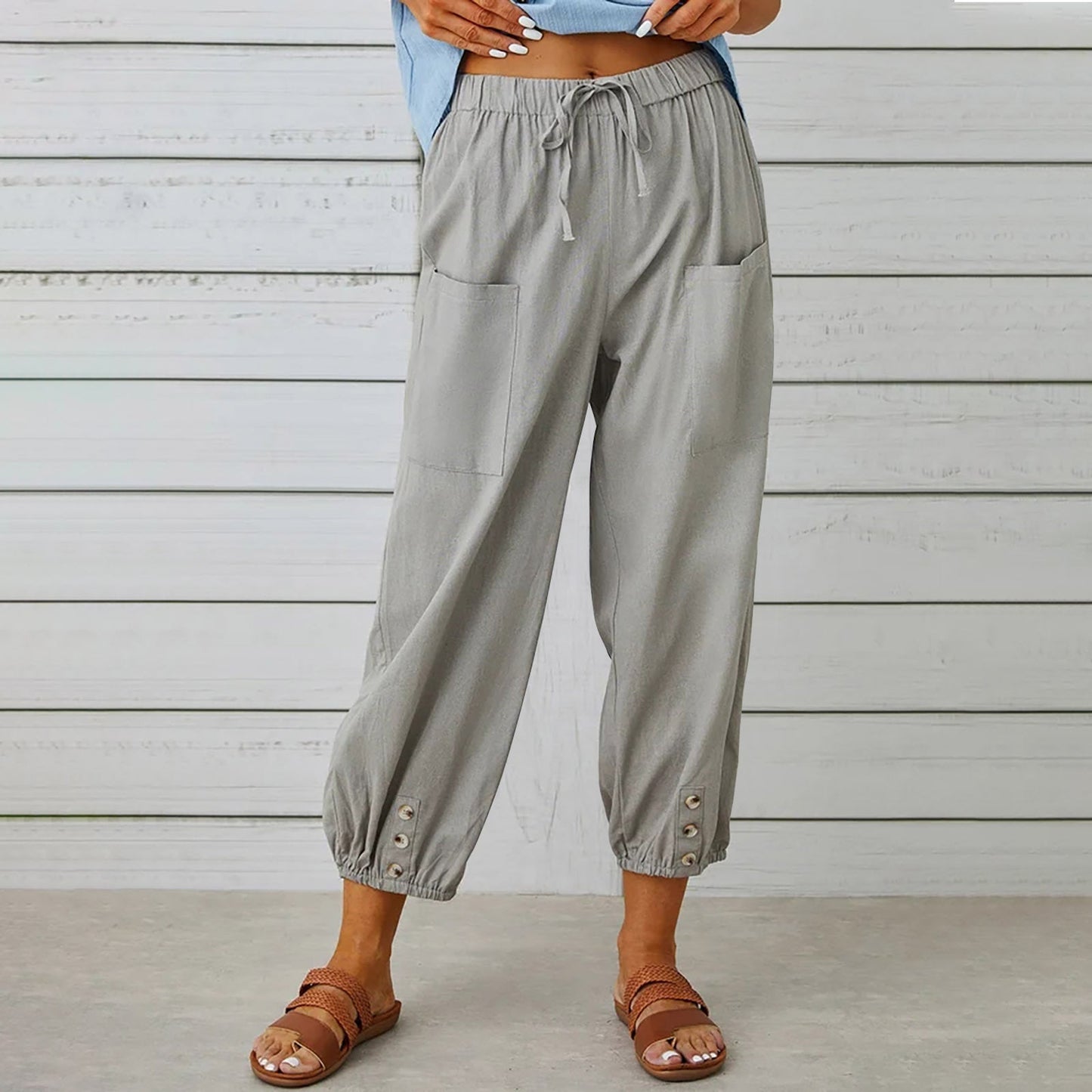 Women Drawstring Tie Pants Spring Summer Cotton And Linen Trousers With Pockets Button EHAD +