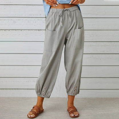 Women Drawstring Tie Pants Spring Summer Cotton And Linen Trousers With Pockets Button EHAD +