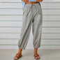 Women Drawstring Tie Pants Spring Summer Cotton And Linen Trousers With Pockets Button EHAD +