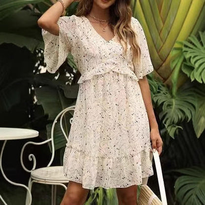 Fashion Slim Fit V-neck Printed Short Sleeve Dress EHAD +