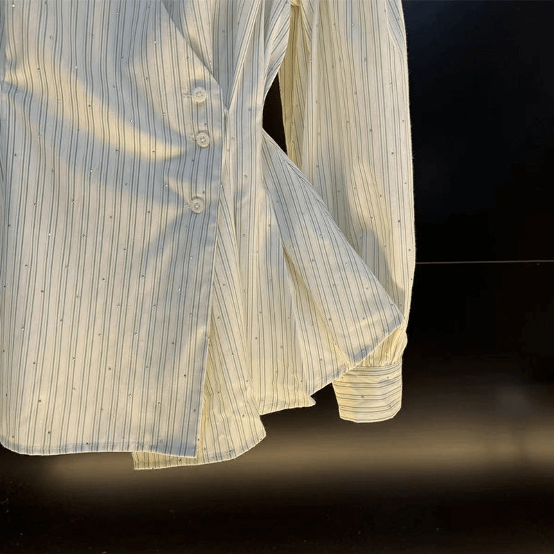 Temperament Waist-tie Long-sleeved Shirt Striped Cardigan Women EHAD +