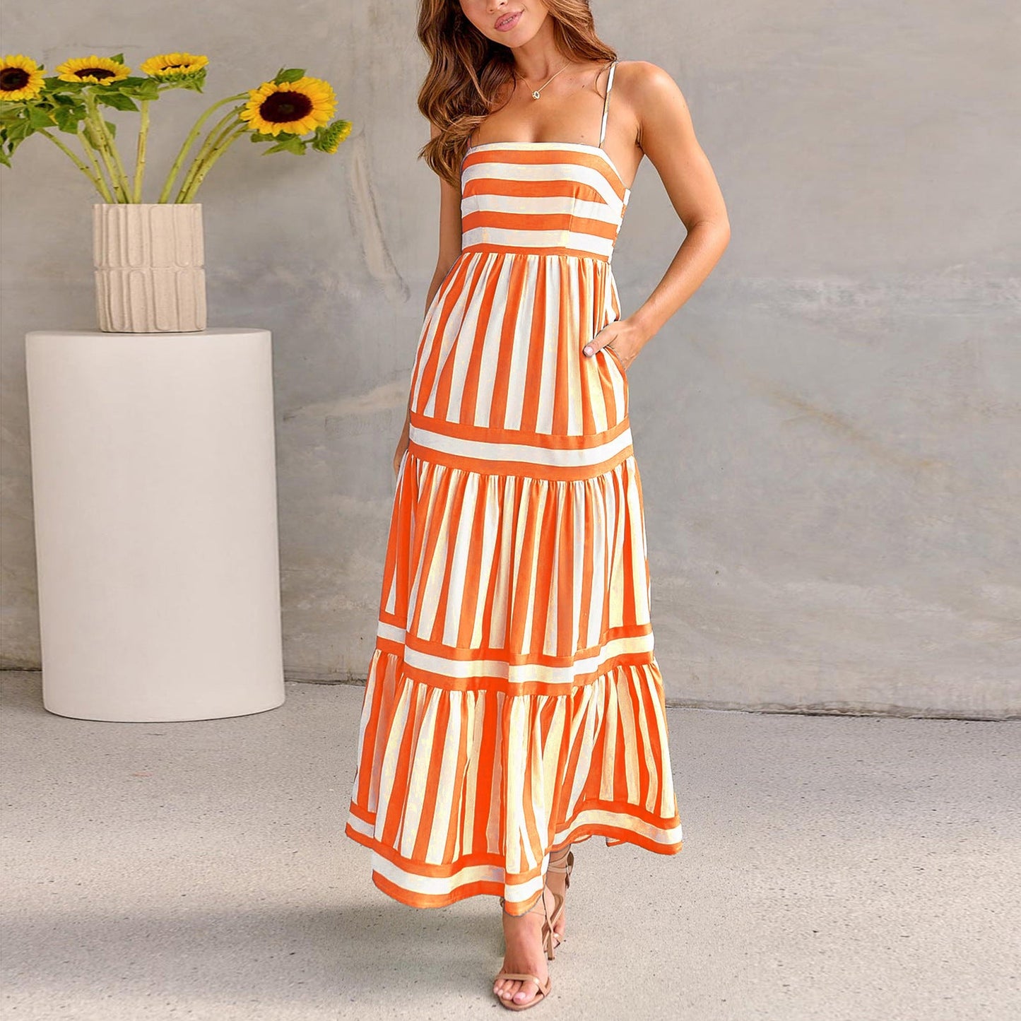 Summer Striped Printed Suspender Long Dress With Pockets Fashion Square Neck Backless Dresses For Beach Vacation Women Clothing EHAD +