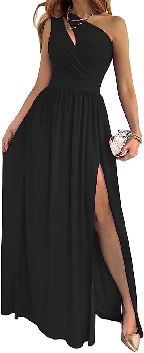 Women's One Shoulder High Split Cutout Sleeveless Elegant Sexy Cocktail Maxi Dress EHAD +