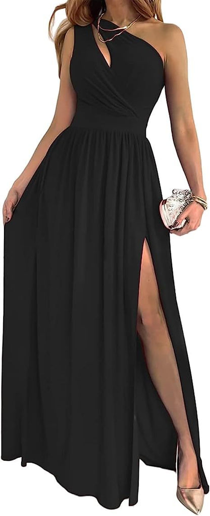Women's One Shoulder High Split Cutout Sleeveless Elegant Sexy Cocktail Maxi Dress EHAD +