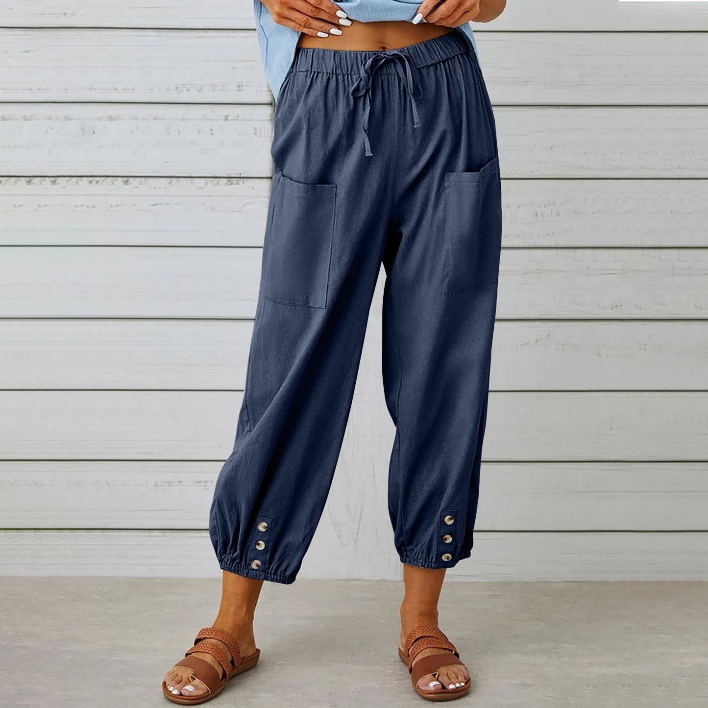 Women Drawstring Tie Pants Spring Summer Cotton And Linen Trousers With Pockets Button EHAD +