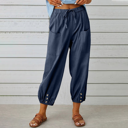 Women Drawstring Tie Pants Spring Summer Cotton And Linen Trousers With Pockets Button EHAD +