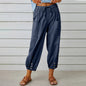 Women Drawstring Tie Pants Spring Summer Cotton And Linen Trousers With Pockets Button EHAD +