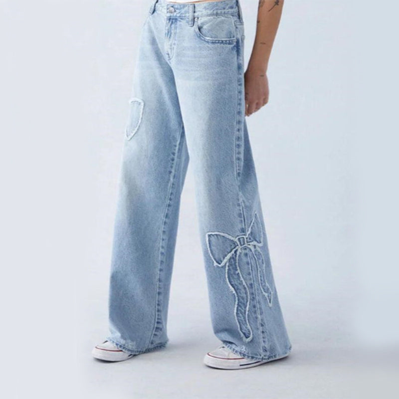 Women's Straight Trousers Embroidered Side Frayed Butterfly Jeans Street Design Hot Girl Baggy Pants EHAD +