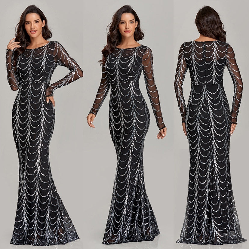 Sequins Women Maxi Dresses Long Sleeve Female Party Dresses EHAD +