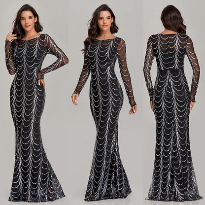 Sequins Women Maxi Dresses Long Sleeve Female Party Dresses EHAD +