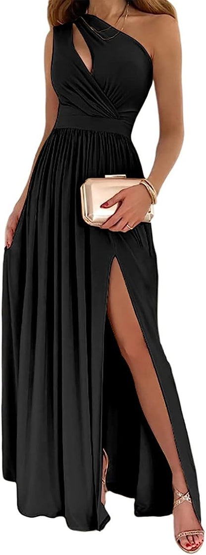 Women's One Shoulder High Split Cutout Sleeveless Elegant Sexy Cocktail Maxi Dress EHAD +