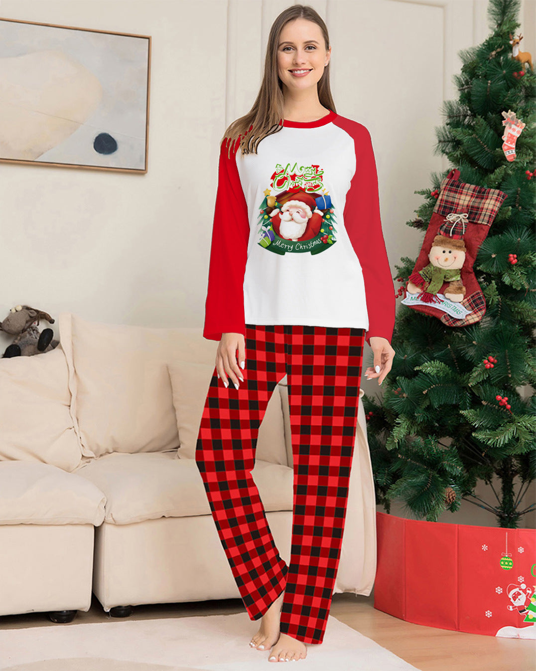 Christmas Parent-Child Clothes Set Long Sleeve T-Shirt Plaid Pants Family Matching Pajamas EHAD +