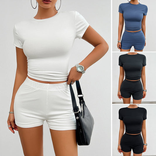 Solid Color Slim Sports Suit Summer 2Pcs Short-sleeved Round Neck T-shirt And Elastic Shorts Fashion Womens Clothing EHAD +