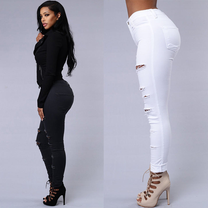 Ripped Jeans Women Skinny Trousers Casual High Waist Pencil Pants EHAD +