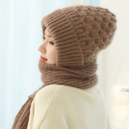 Women's Fleece-lined Scarf And Hat Winter Warm Knitted Hat Scarf EHAD +