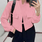 Fashion Button Stand-collar Jacket With Big Pockets Casual Loose Short Outwear Tops Coat For Women Clothing EHAD +