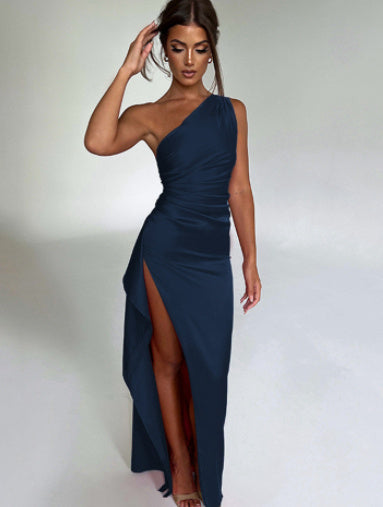 Sexy One-shoulder Backless Slit Dress Summer Elegant Slim-fit Solid Color Satin Dresses For Women EHAD +