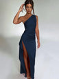Sexy One-shoulder Backless Slit Dress Summer Elegant Slim-fit Solid Color Satin Dresses For Women EHAD +