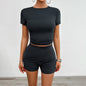 Solid Color Slim Sports Suit Summer 2Pcs Short-sleeved Round Neck T-shirt And Elastic Shorts Fashion Womens Clothing EHAD +