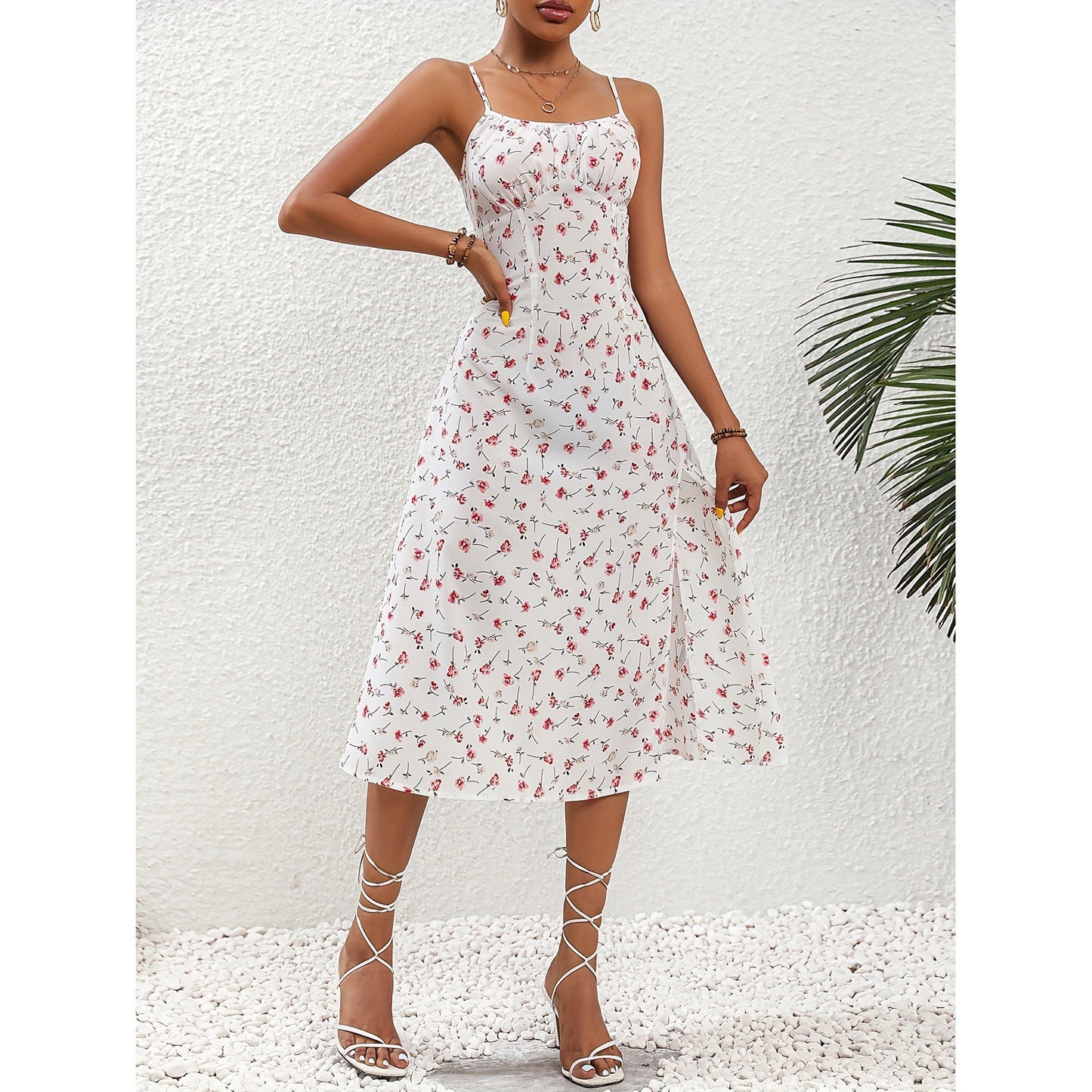 New Polka Dot Print Suspender Dress Summer Sexy Split Long Dresses For Womens Clothing EHAD +