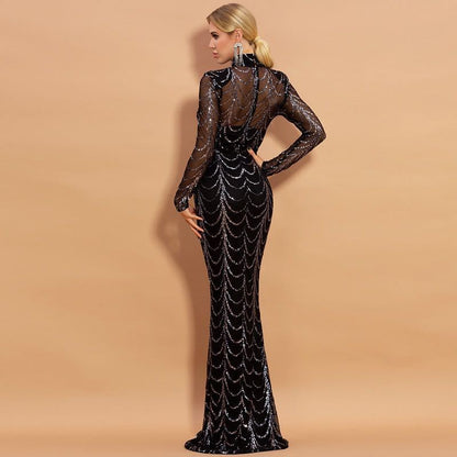 Sequins Women Maxi Dresses Long Sleeve Female Party Dresses EHAD +