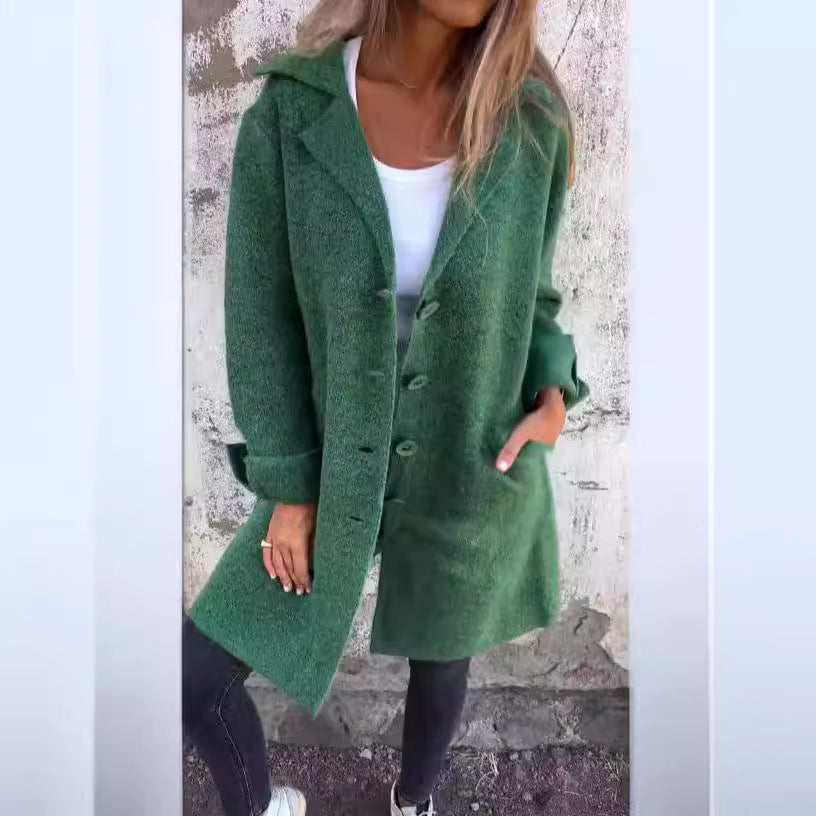 Lapel Single Breasted Cardigan With Pockets Fashion Color Solid Mid-Length Outwear Coat Womens Clothing EHAD +